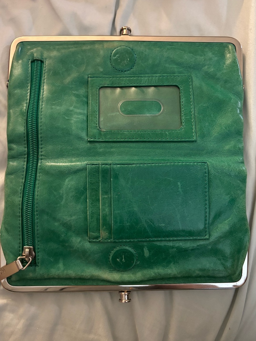 Hobo Green Lauren Leather Clutch Double Kiss lock Wallet